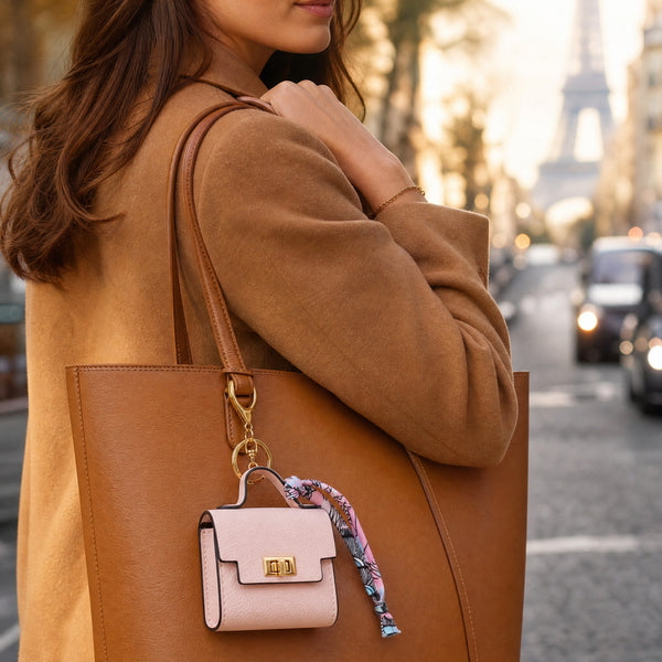 Pink mini bag keychain clipped to a tote bag