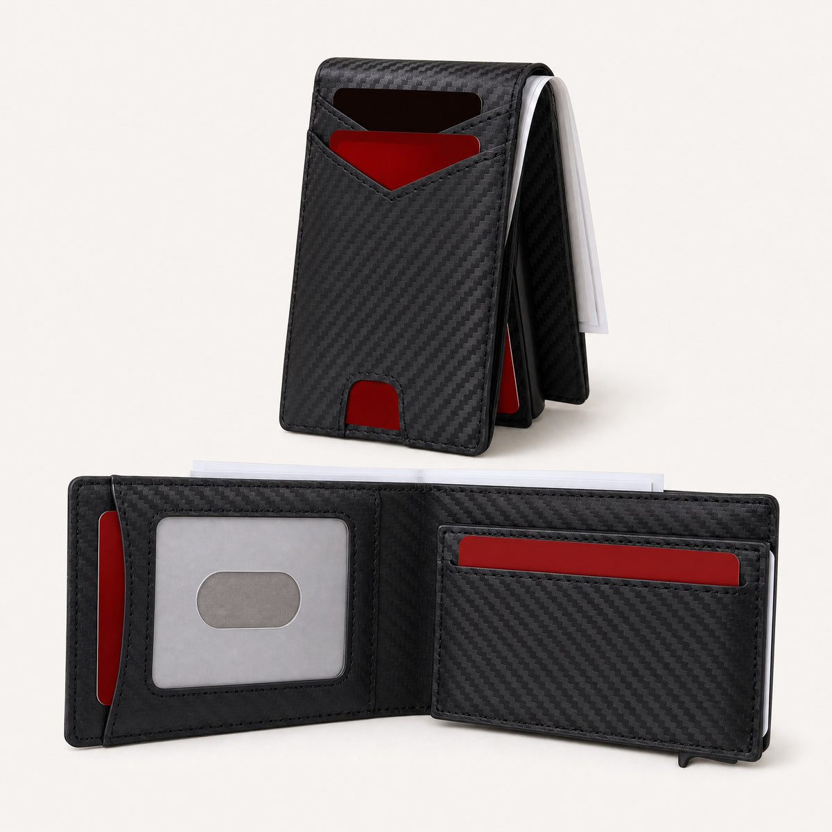 Slim pop-up card wallet, closed and open