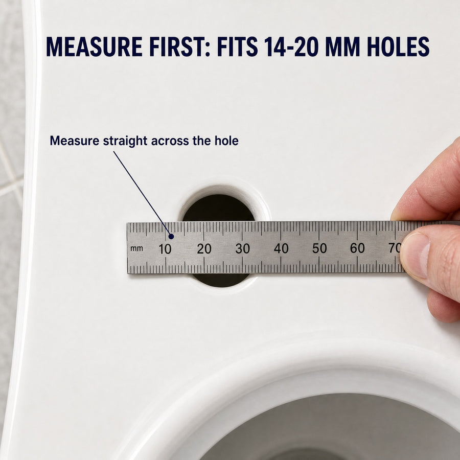 Measuring the toilet seat mounting hole with a ruler