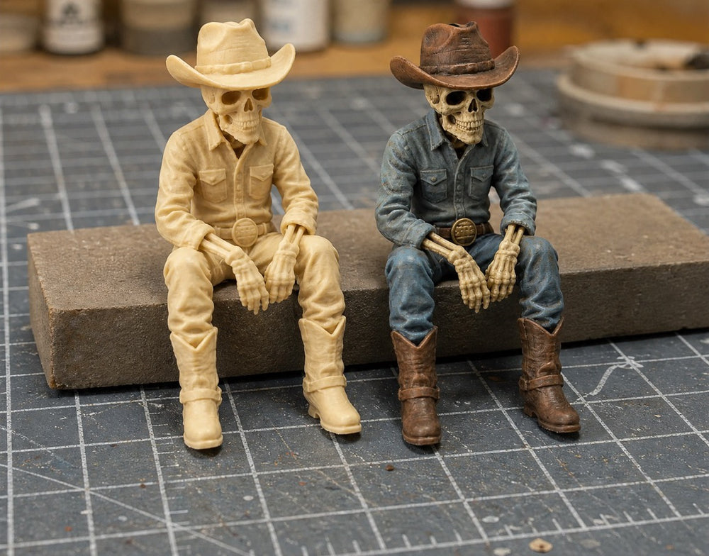 Two Skeleton Cowboy figures on a cutting mat, one bare bone-beige and one painted
