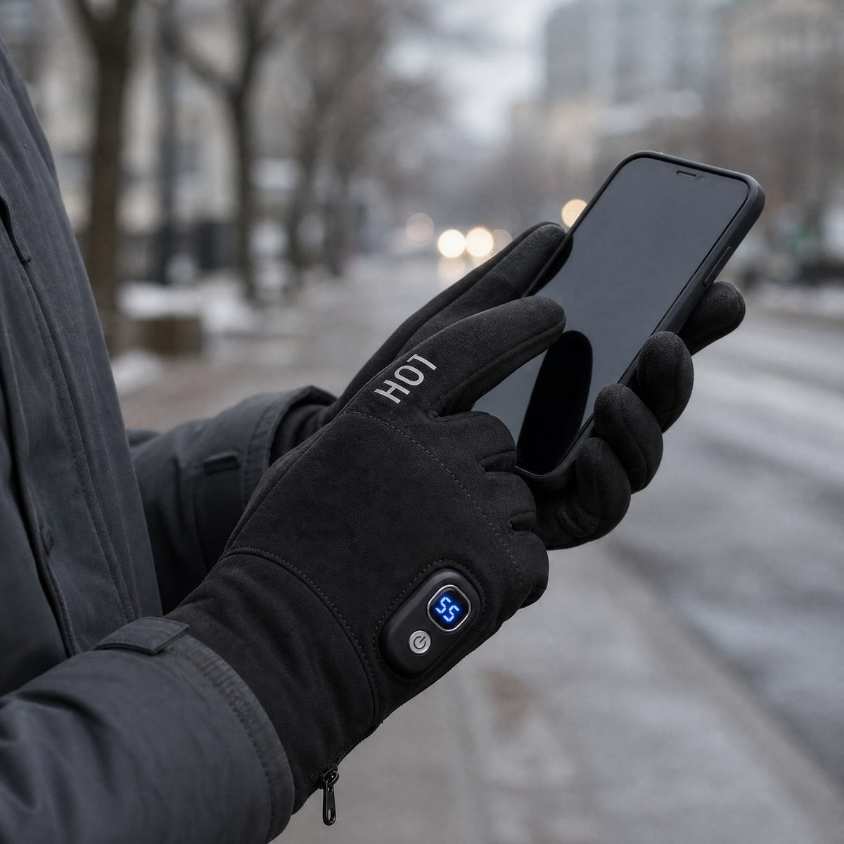 Heated gloves worn while using a phone outdoors