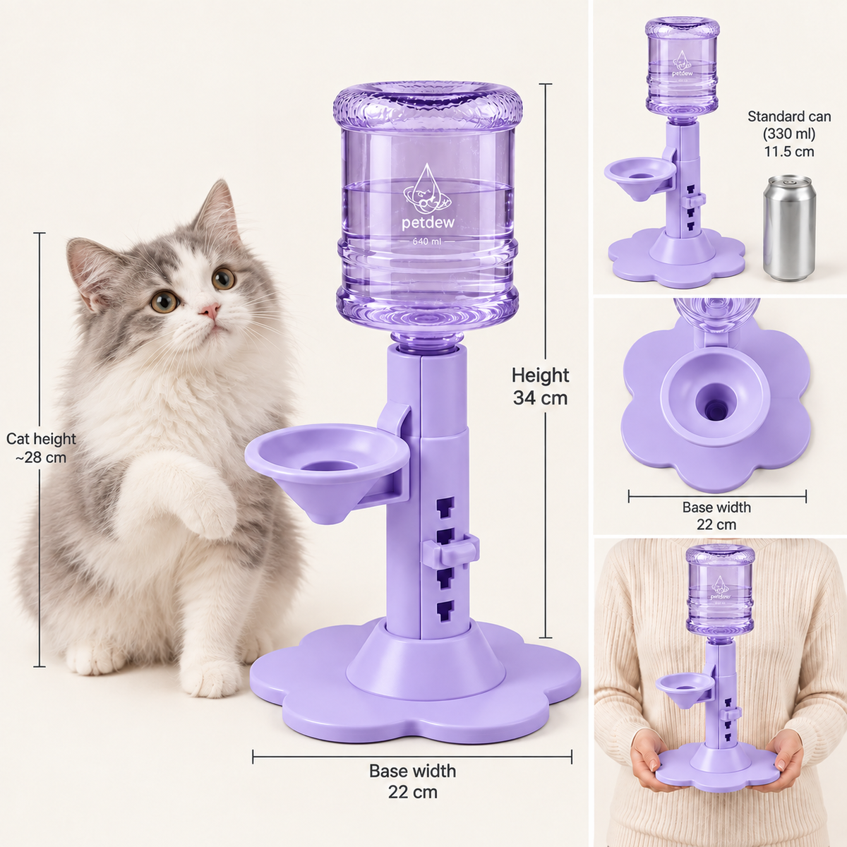 Purple dispenser size guide, 34cm tall, 22cm base View 4