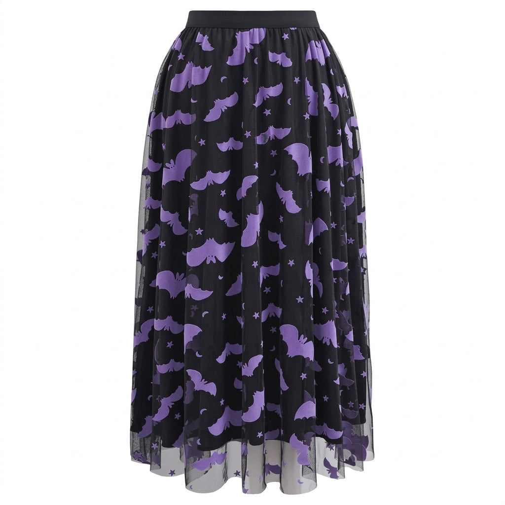 Flocked Velvet Bat Tulle Midi Skirt View 2