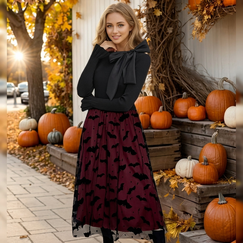 Flocked Velvet Bat Tulle Midi Skirt View 6