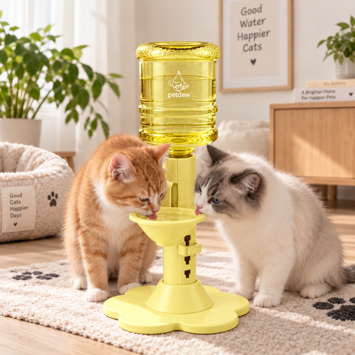 Two cats drinking from the yellow dispenser View 10