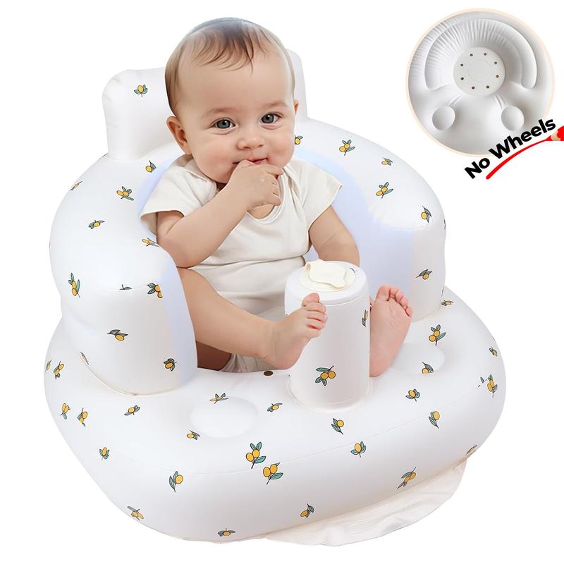 Inflatable baby seat in fruit print, showing the wide stable base and no wheels