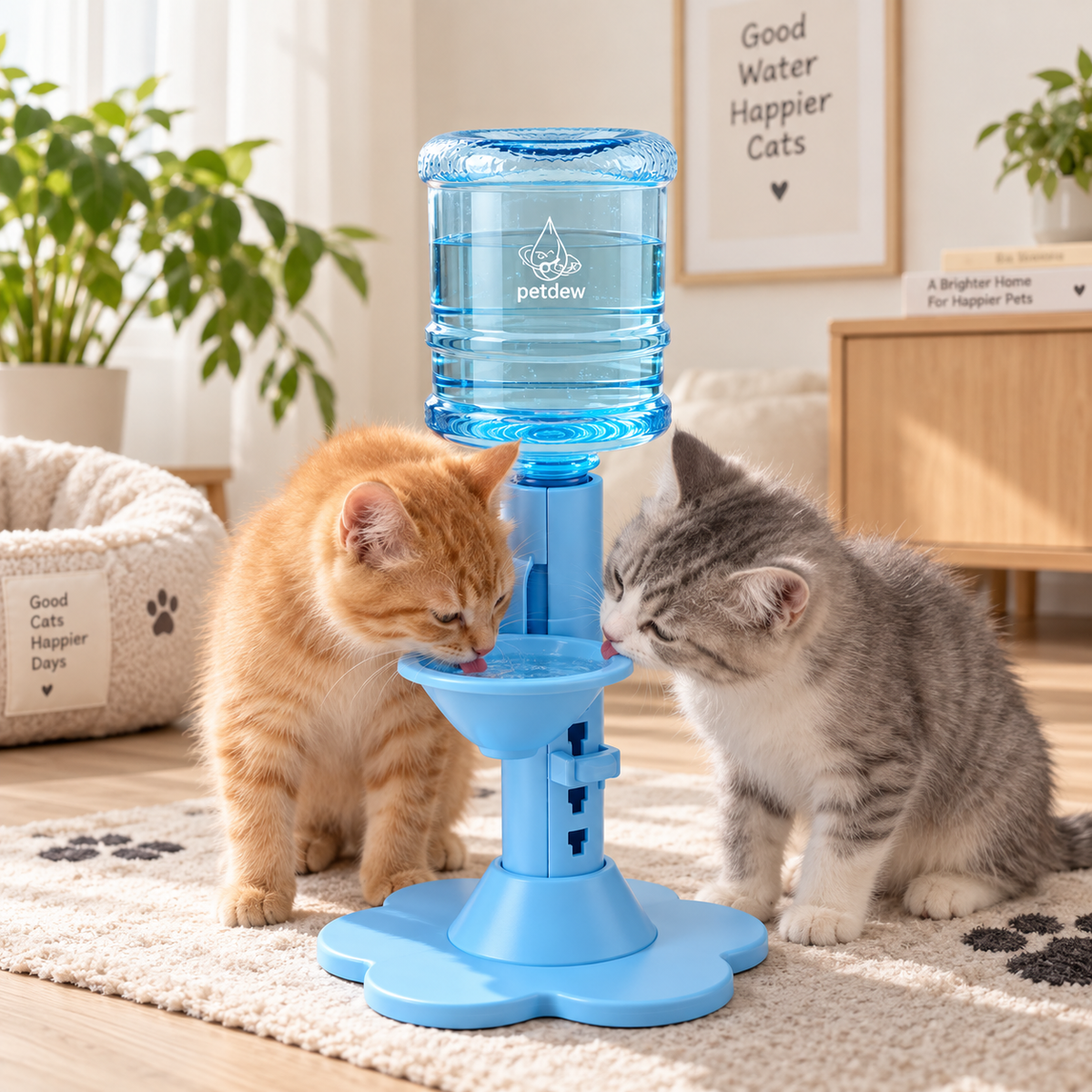 Two kittens drinking from the blue dispenser View 17