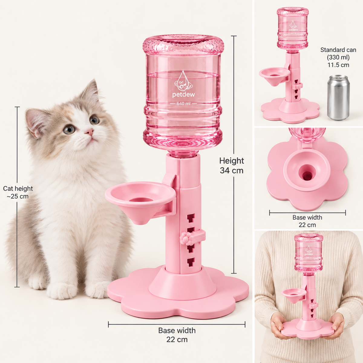 Pink dispenser size guide, 34cm tall, 22cm base View 26