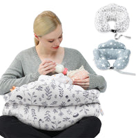 Nursing pillow in both prints — grey star and white botanical — with the buckle waist strap