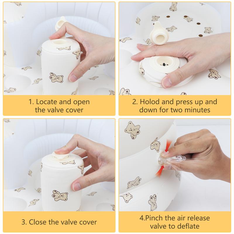 How the built-in pump works: open the valve, press up and down, close, then pinch to deflate