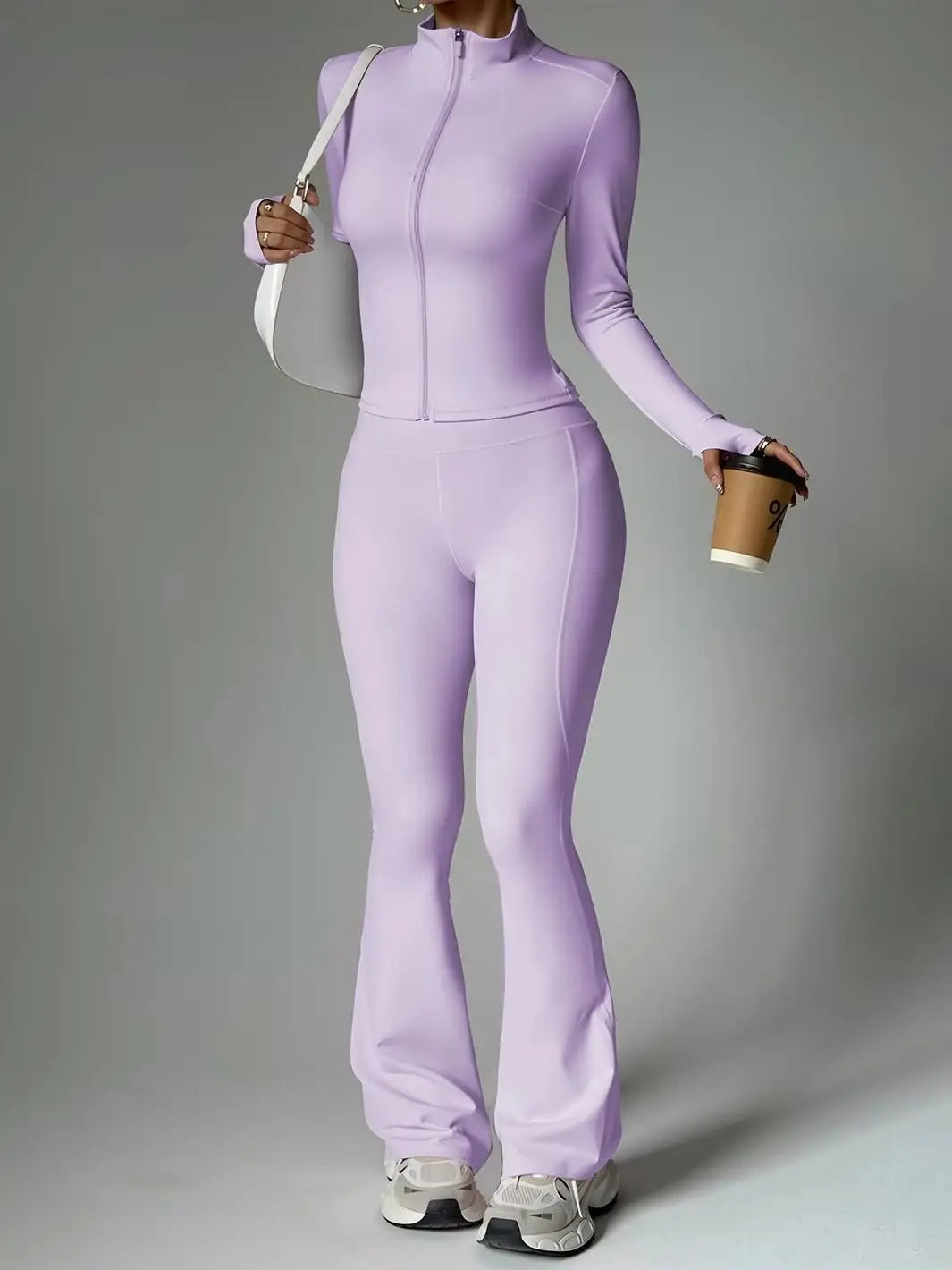 Two-Piece Zip Jacket & High-Waist Flare Pants Gym Set View 1