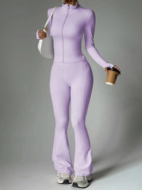 Two-Piece Zip Jacket & High-Waist Flare Pants Gym Set View 1