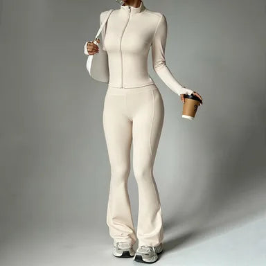 Two-Piece Zip Jacket & High-Waist Flare Pants Gym Set View 14