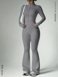 Two-Piece Zip Jacket & High-Waist Flare Pants Gym Set View 15