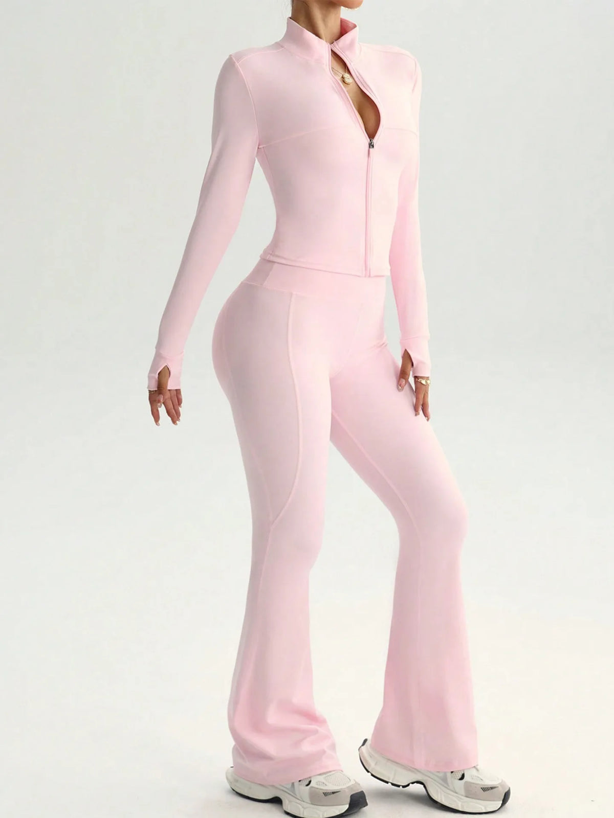 Two-Piece Zip Jacket & High-Waist Flare Pants Gym Set View 5