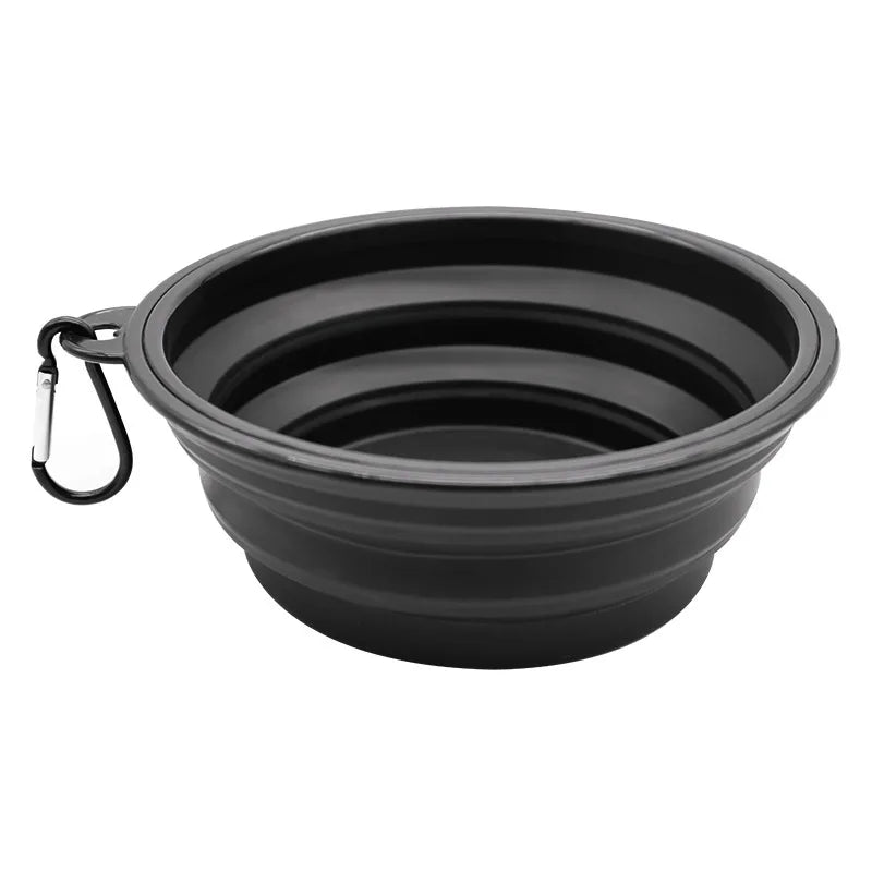 Collapsible black silicone travel dog water bowl with carabiner clip View 2