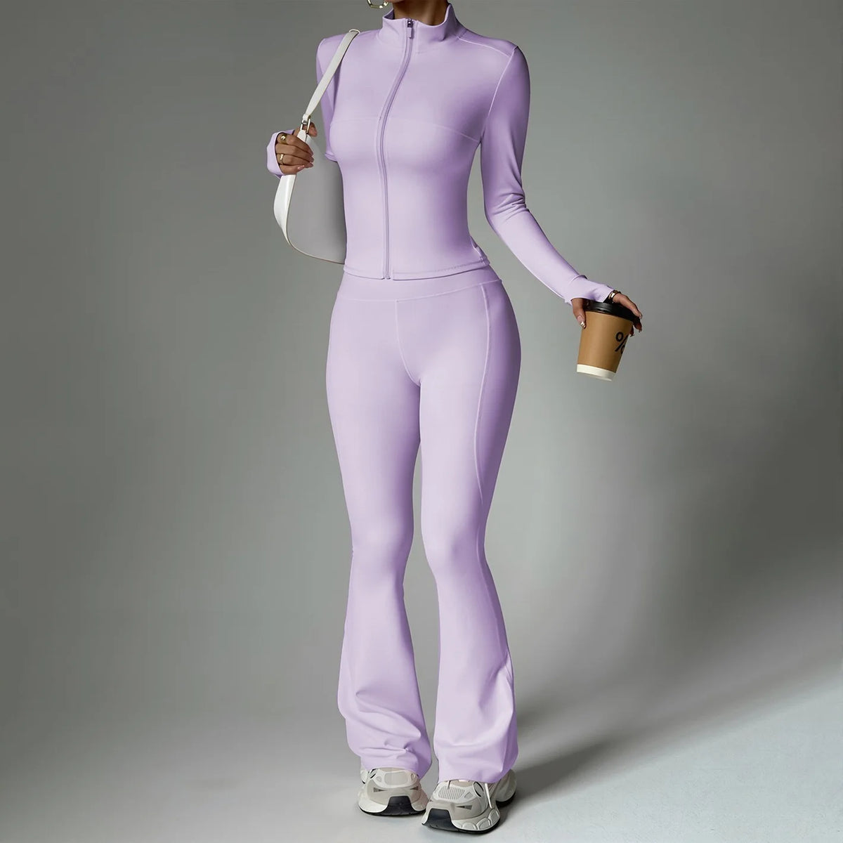 Two-Piece Zip Jacket & High-Waist Flare Pants Gym Set View 10