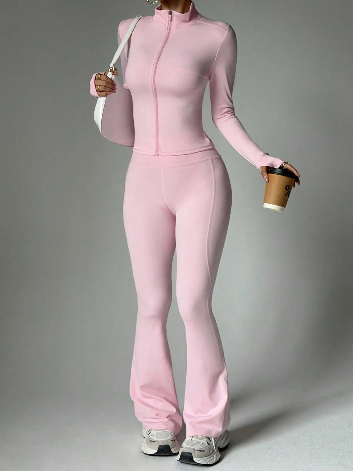 Two-Piece Zip Jacket & High-Waist Flare Pants Gym Set View 2