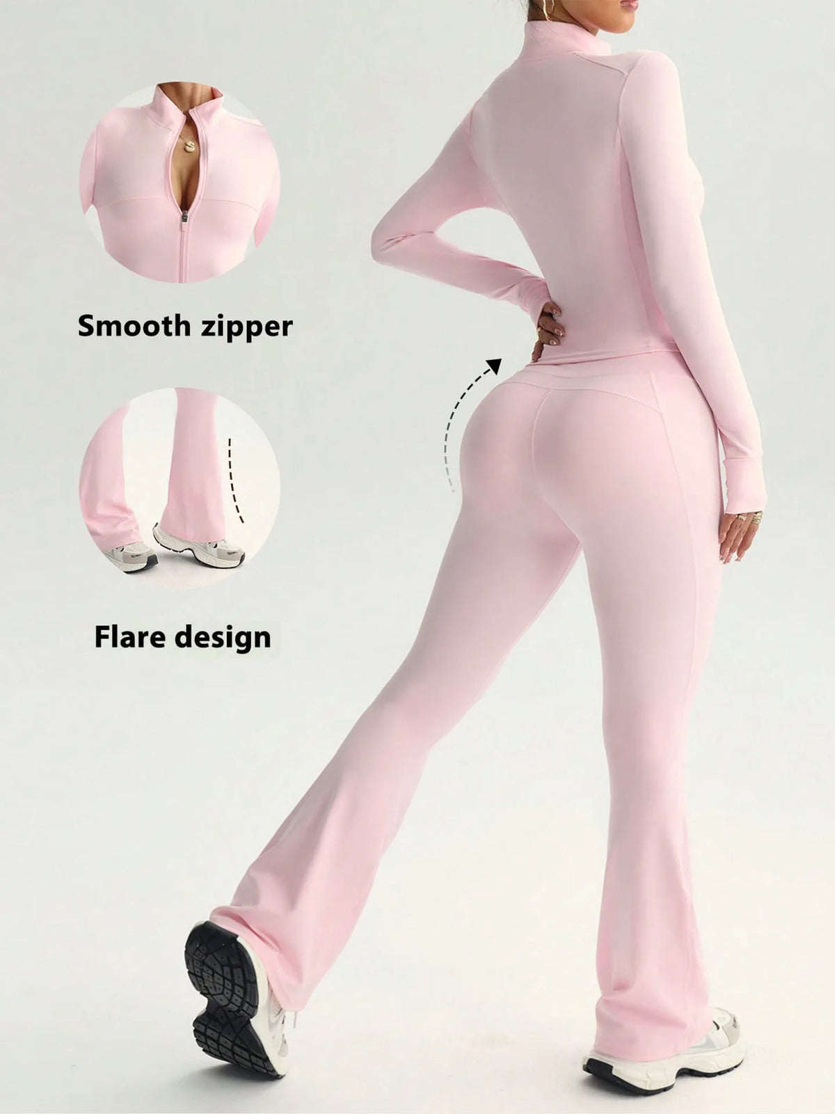 Two-Piece Zip Jacket & High-Waist Flare Pants Gym Set View 3