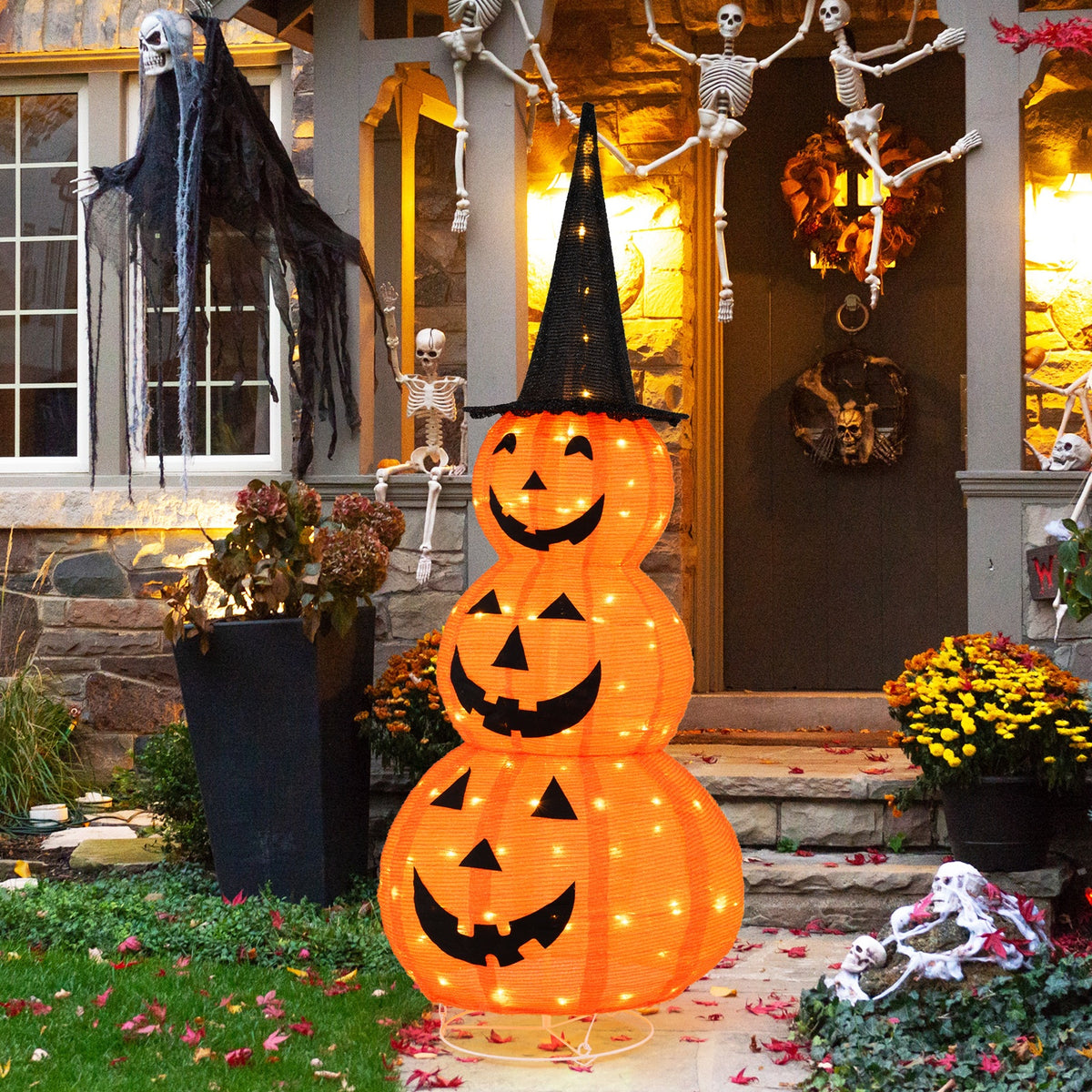 Baby Bubble 5FT Pre-Lit Collapsible Stacked Pumpkin Halloween Decor on Front Porch View 1