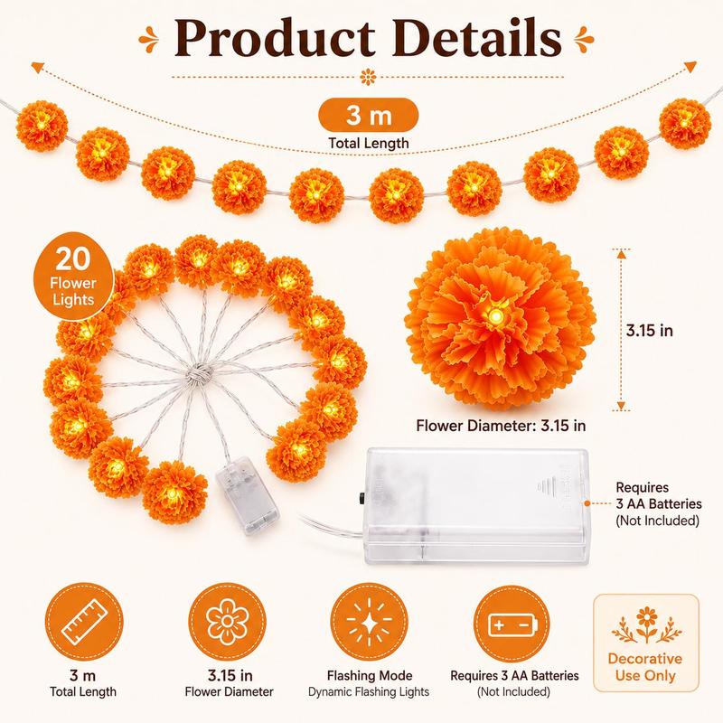 Baby Bubble™ Festive Marigold LED Garland String Lights (3-Meter / 20-Flower Edition) View 2