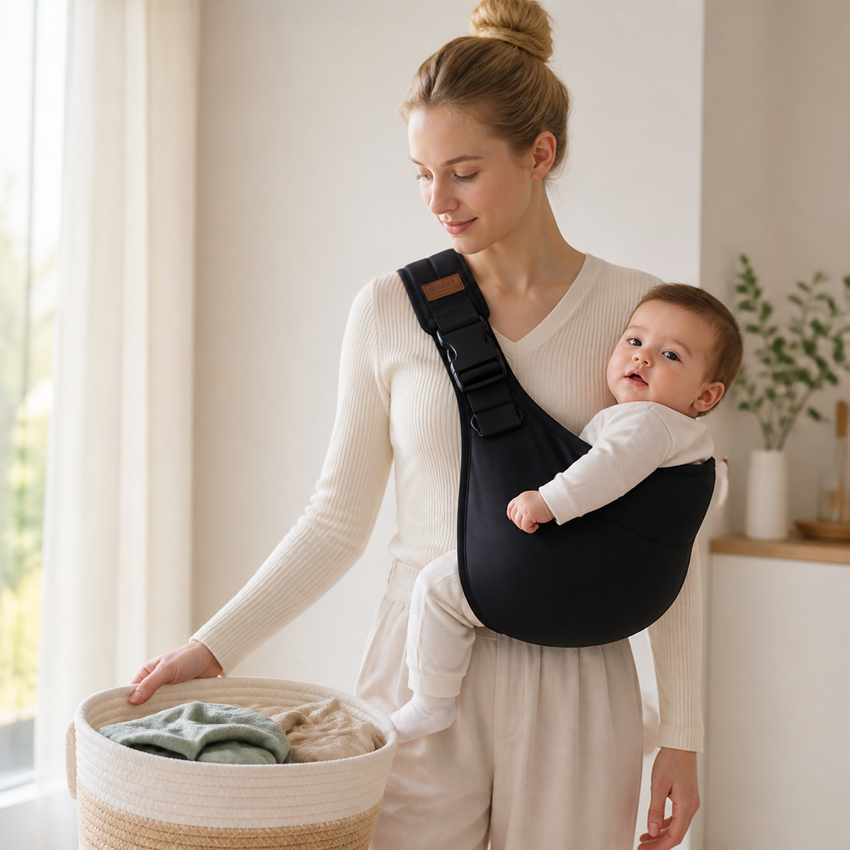 Parent wearing Baby Bubble quick-hold baby sling View 2