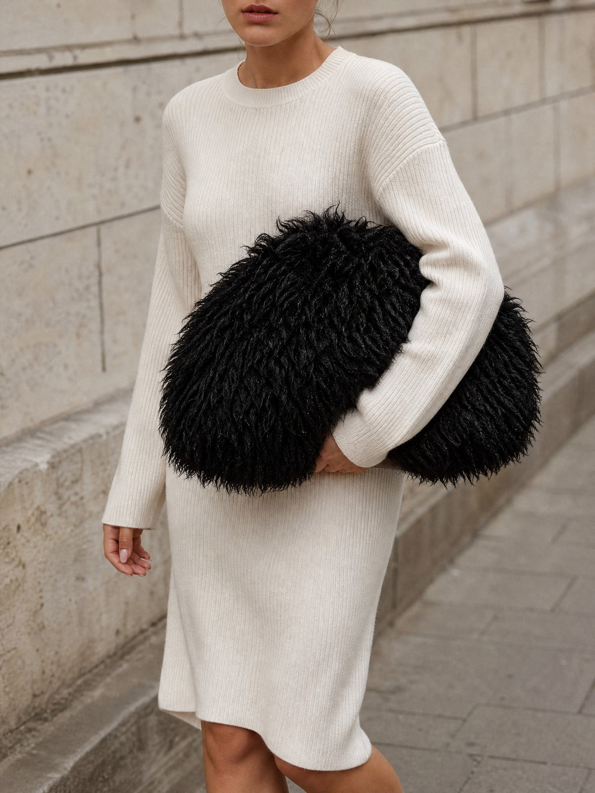 Shaggy Faux-Fur Cloud Bag in black
