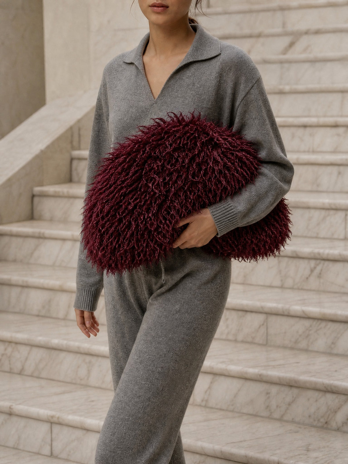 Shaggy Faux-Fur Cloud Bag in wine red