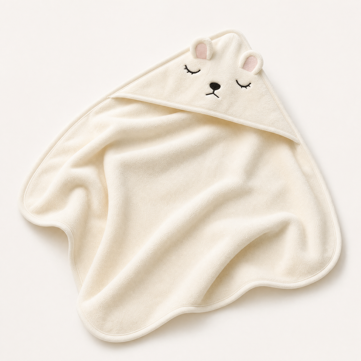 Cream hooded baby bath towel with a sleeping bear face View 1