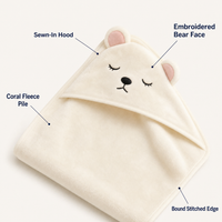 Coral fleece pile, sewn-in hood, embroidered bear face and bound stitched edge View 2