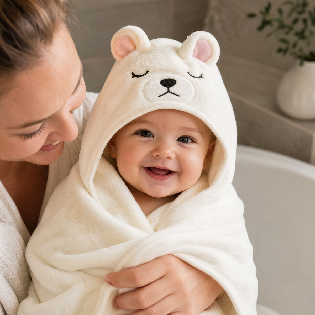 Baby wrapped in the hooded towel after a bath View 5