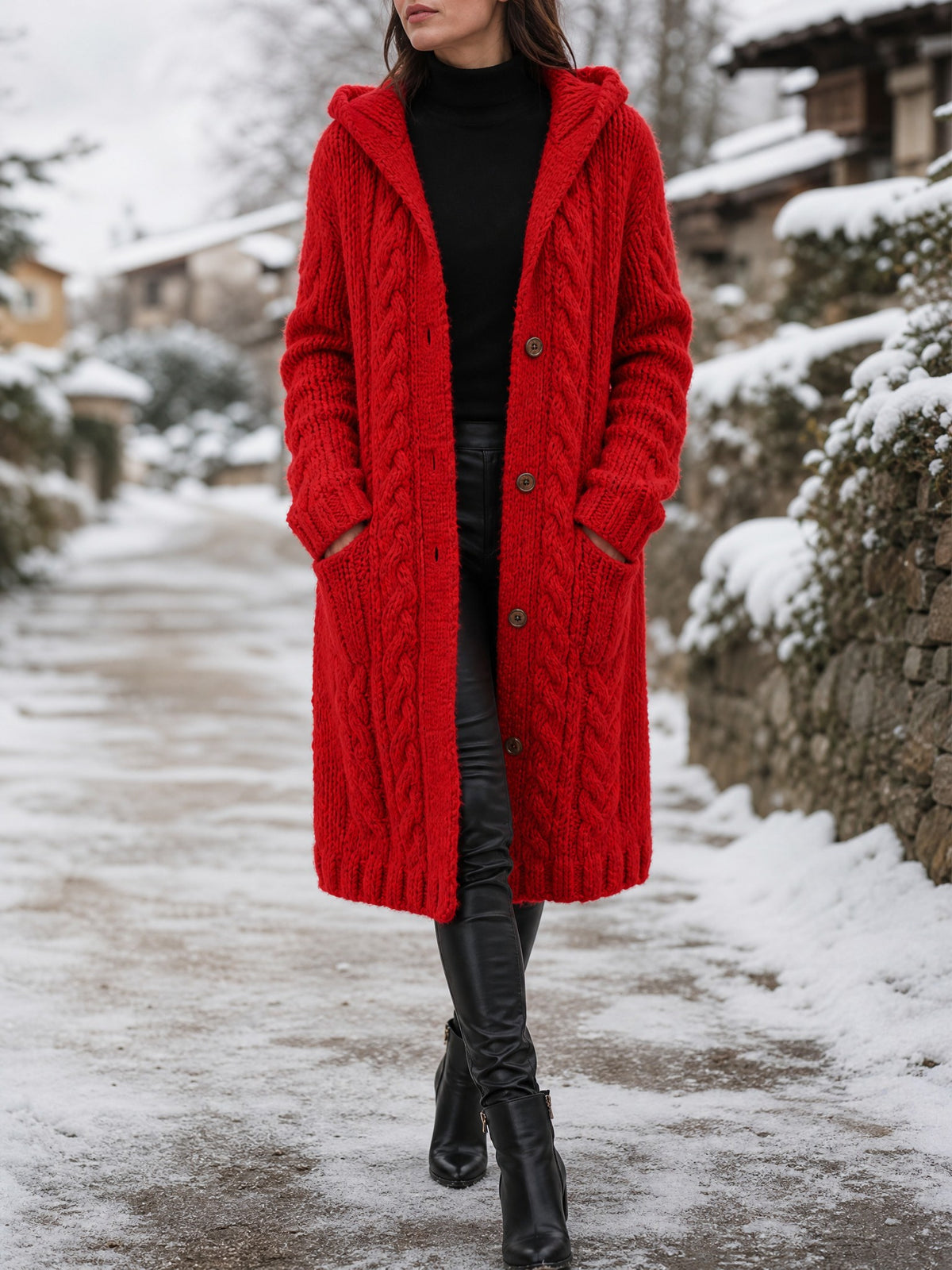 Long Cable-Knit Hooded Cardigan in red