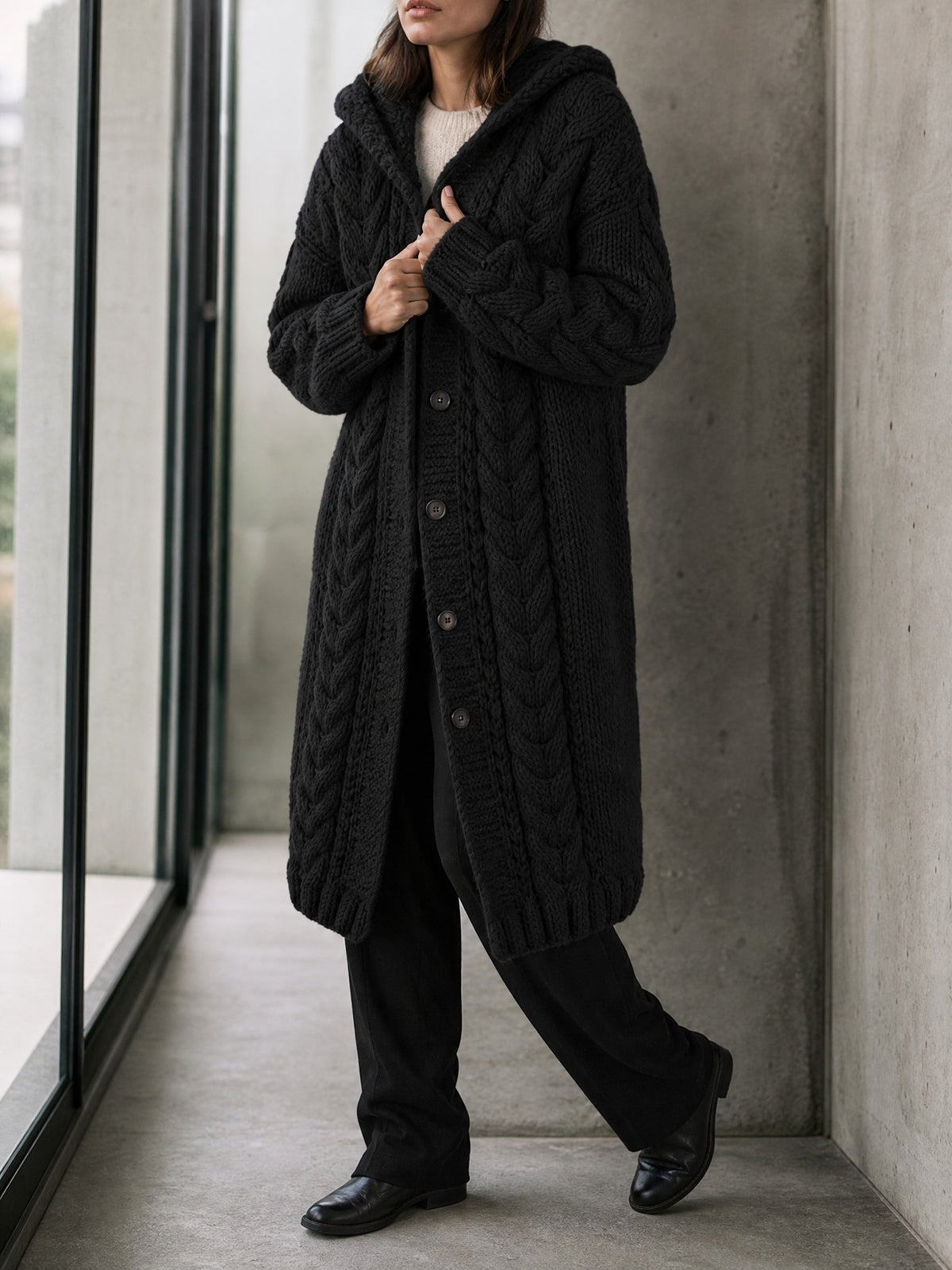 Long Cable-Knit Hooded Cardigan in black