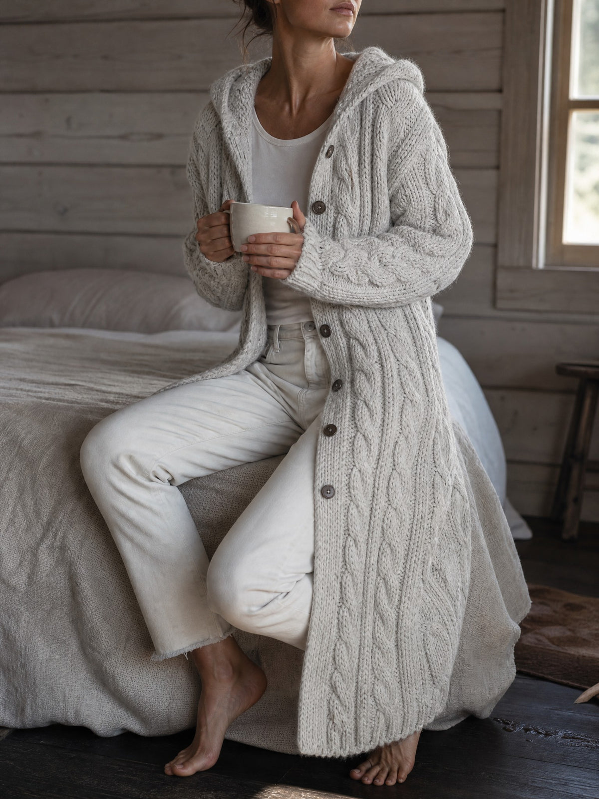 Long Cable-Knit Hooded Cardigan in light grey