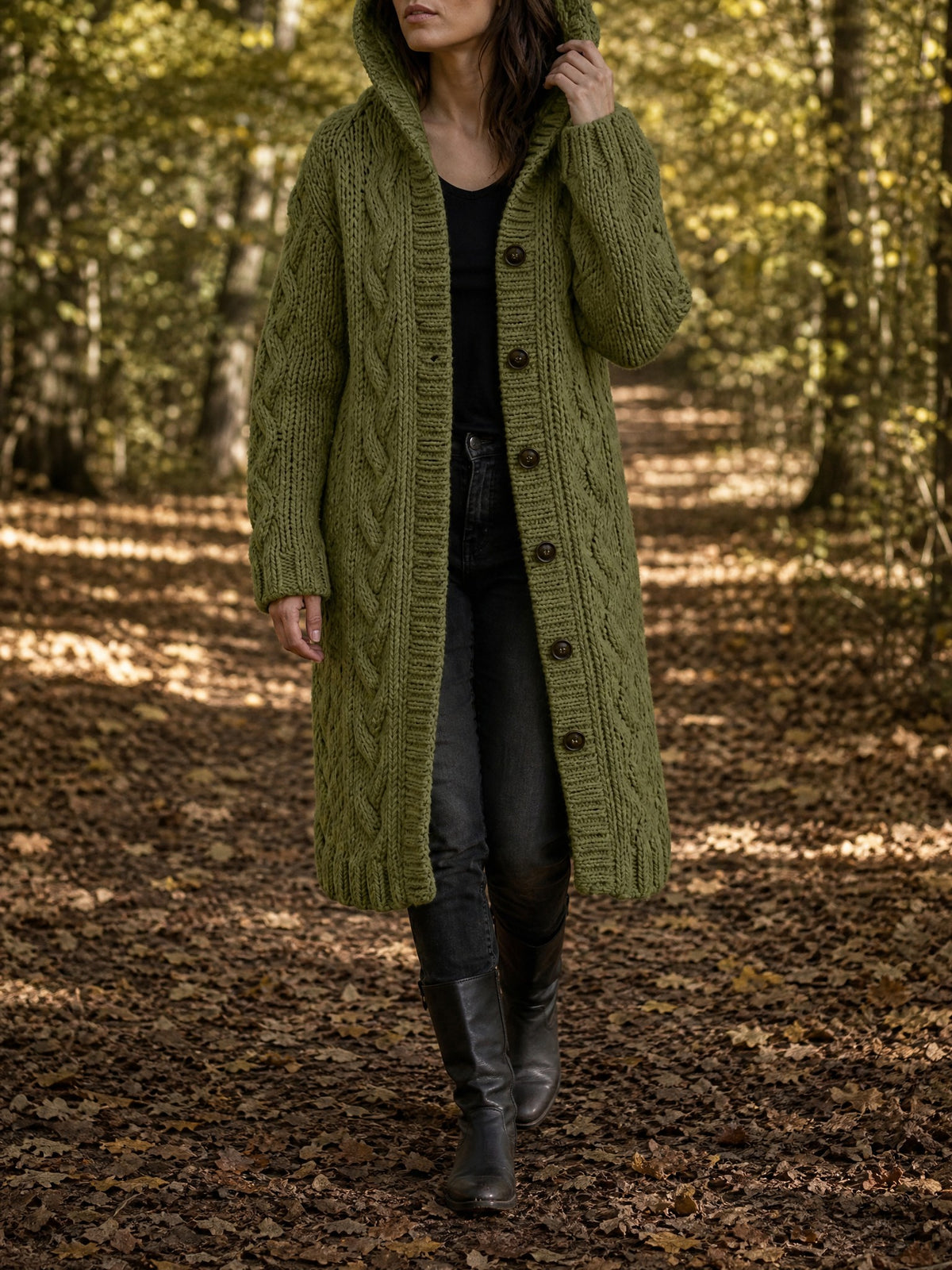 Long Cable-Knit Hooded Cardigan in olive green