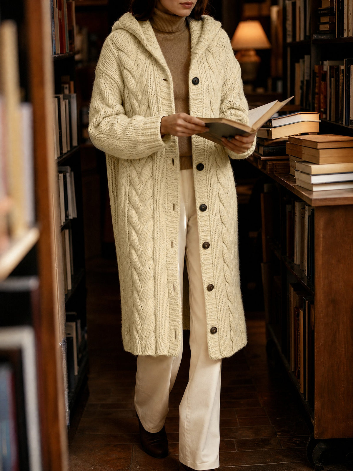 Long Cable-Knit Hooded Cardigan in apricot