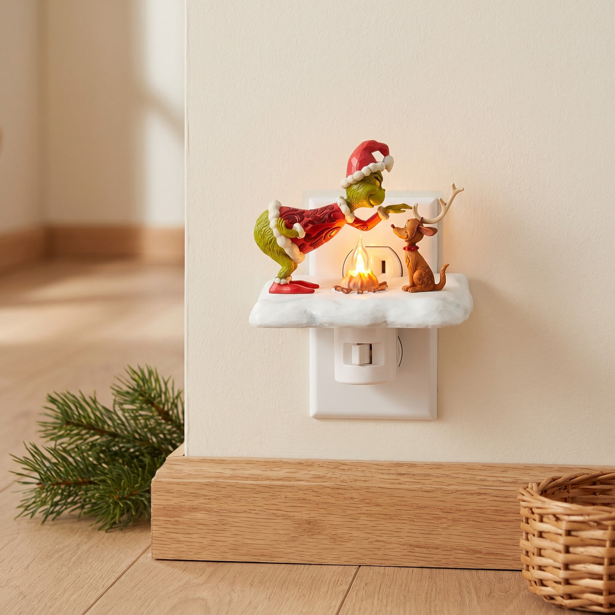 Christmas Grinch and Dog Campfire Plug-In Nightlight in Hallway Outlet View 1