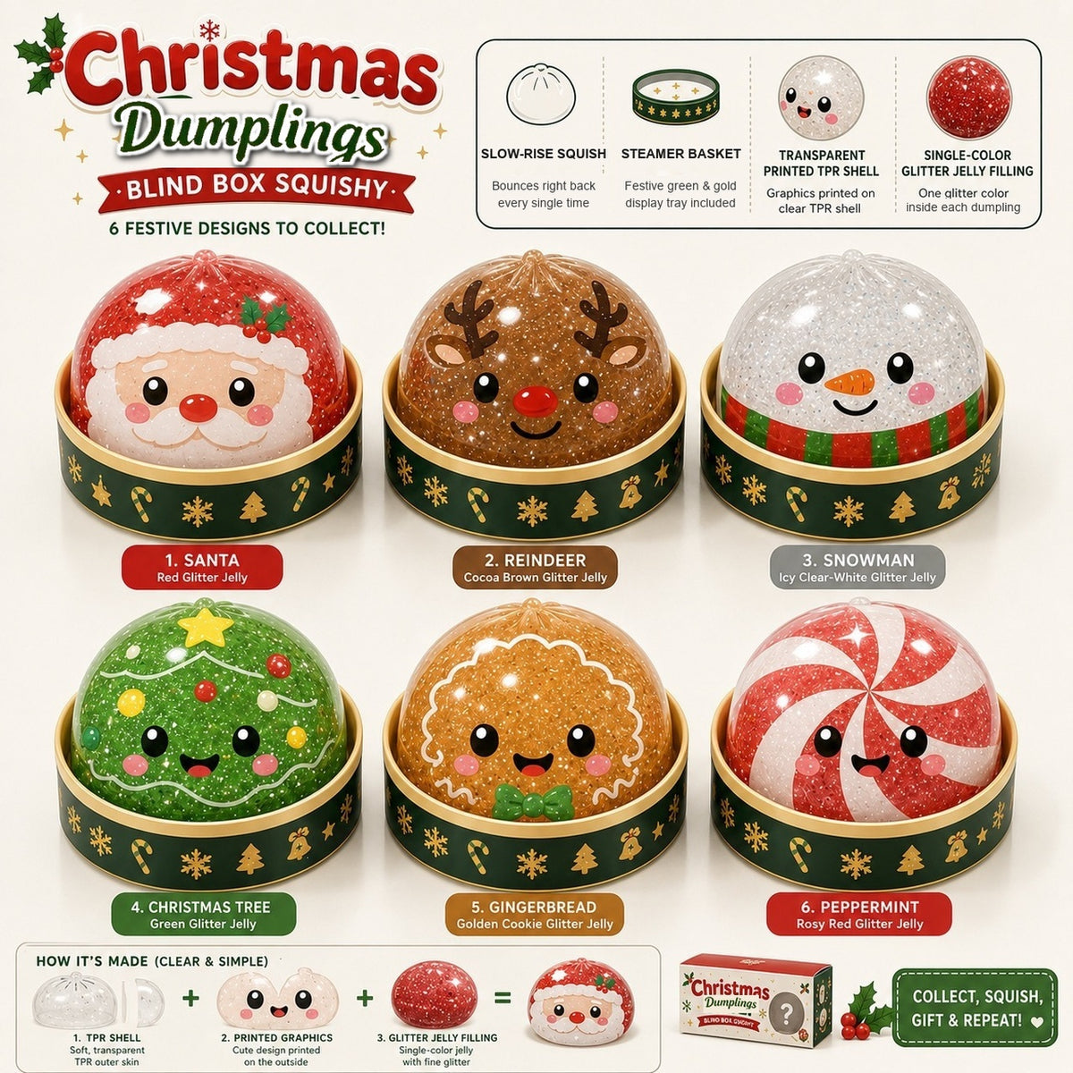 All 6 Christmas Mystery Dumpling Squishy Characters and Glitter Jelly Filling Breakdown View 2