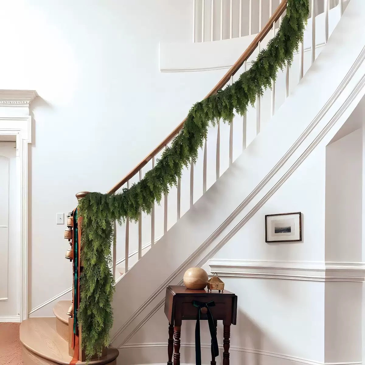 6FT Real-Touch Cypress Garland draped along staircase banister View 4