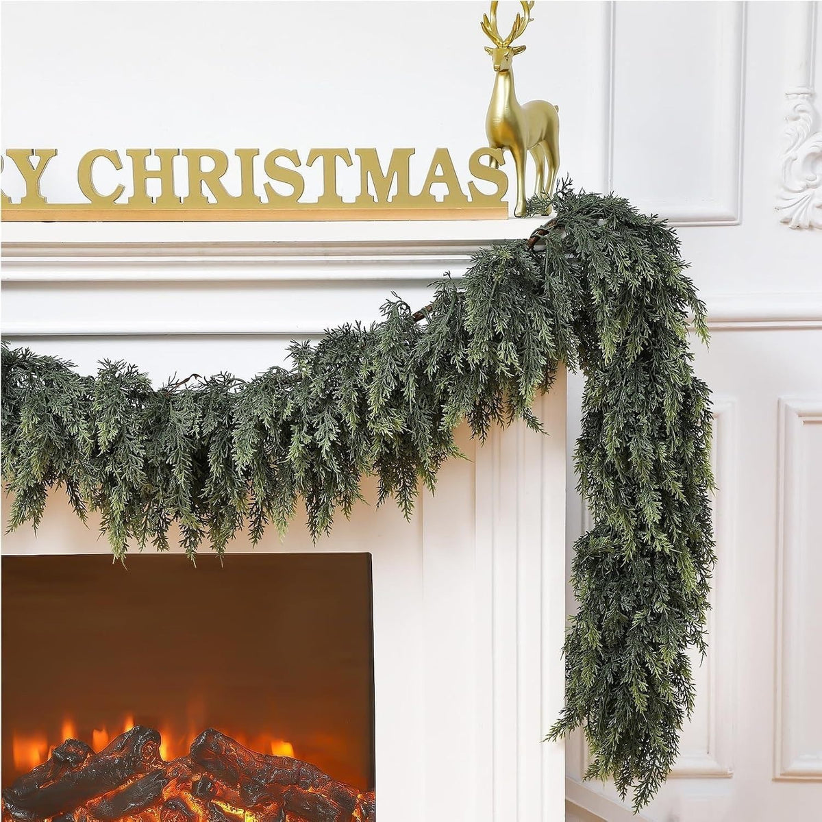 6FT Real-Touch Cypress Garland close-up needle texture on mantel View 2