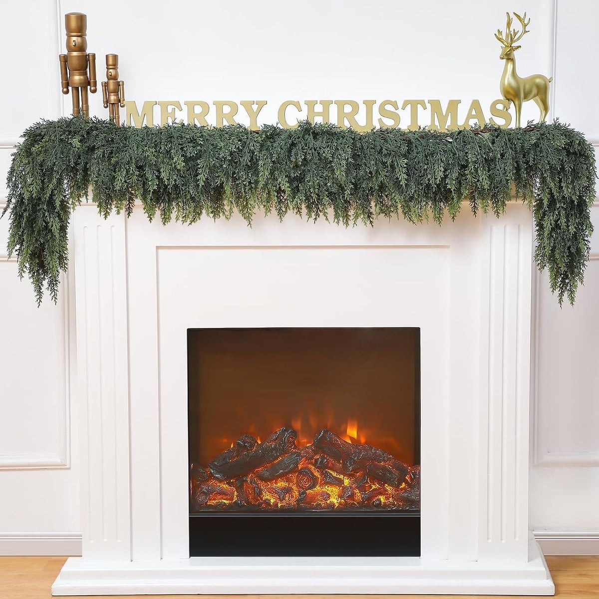 6FT Real-Touch Cypress Christmas Garland draped on fireplace mantel View 1
