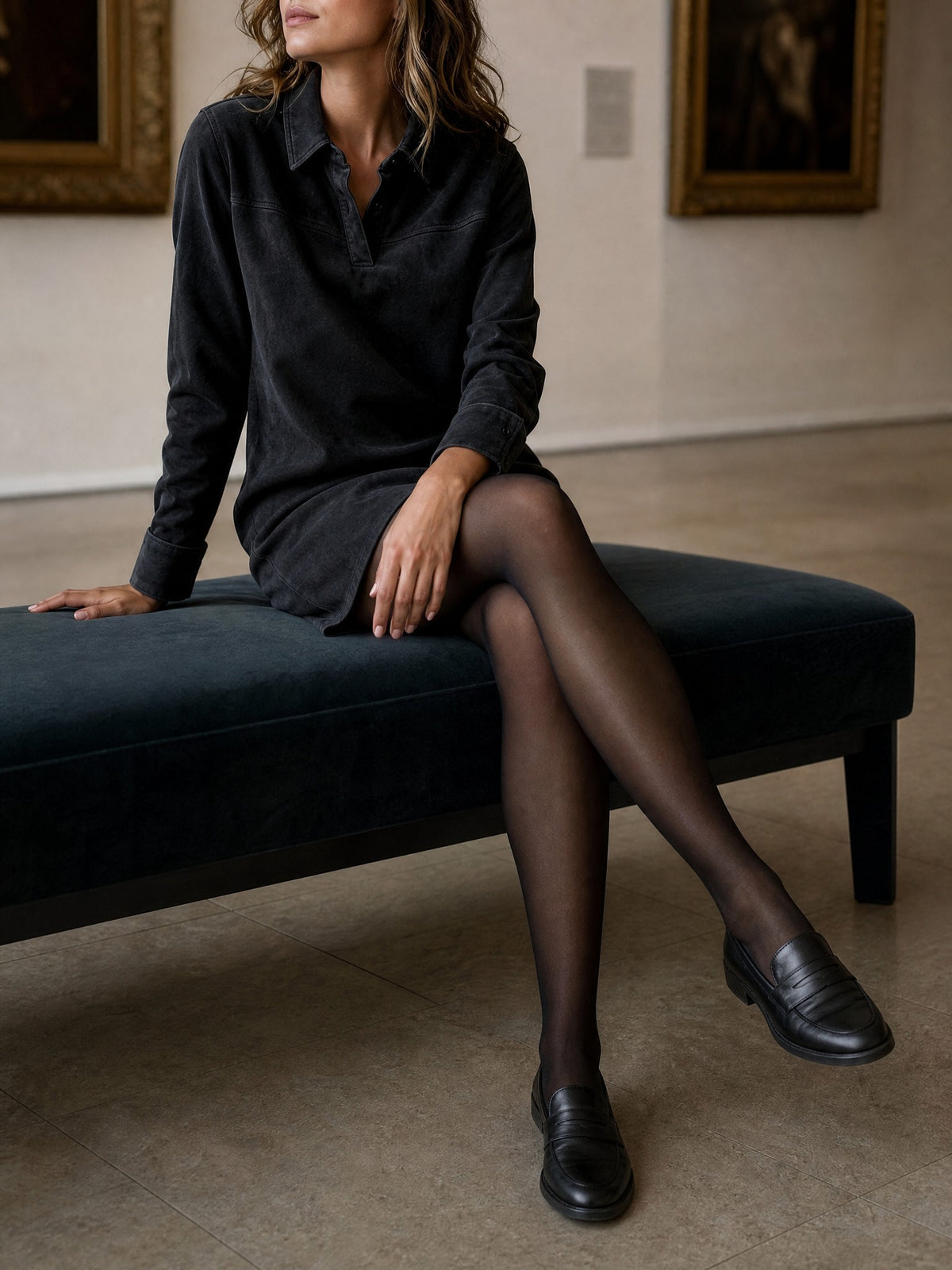 Suede-Look Polo Collar Shirt Dress in black