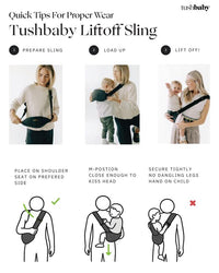 Quick tips for proper wear: seat on your preferred side, M-position, no dangling legs, hand on child