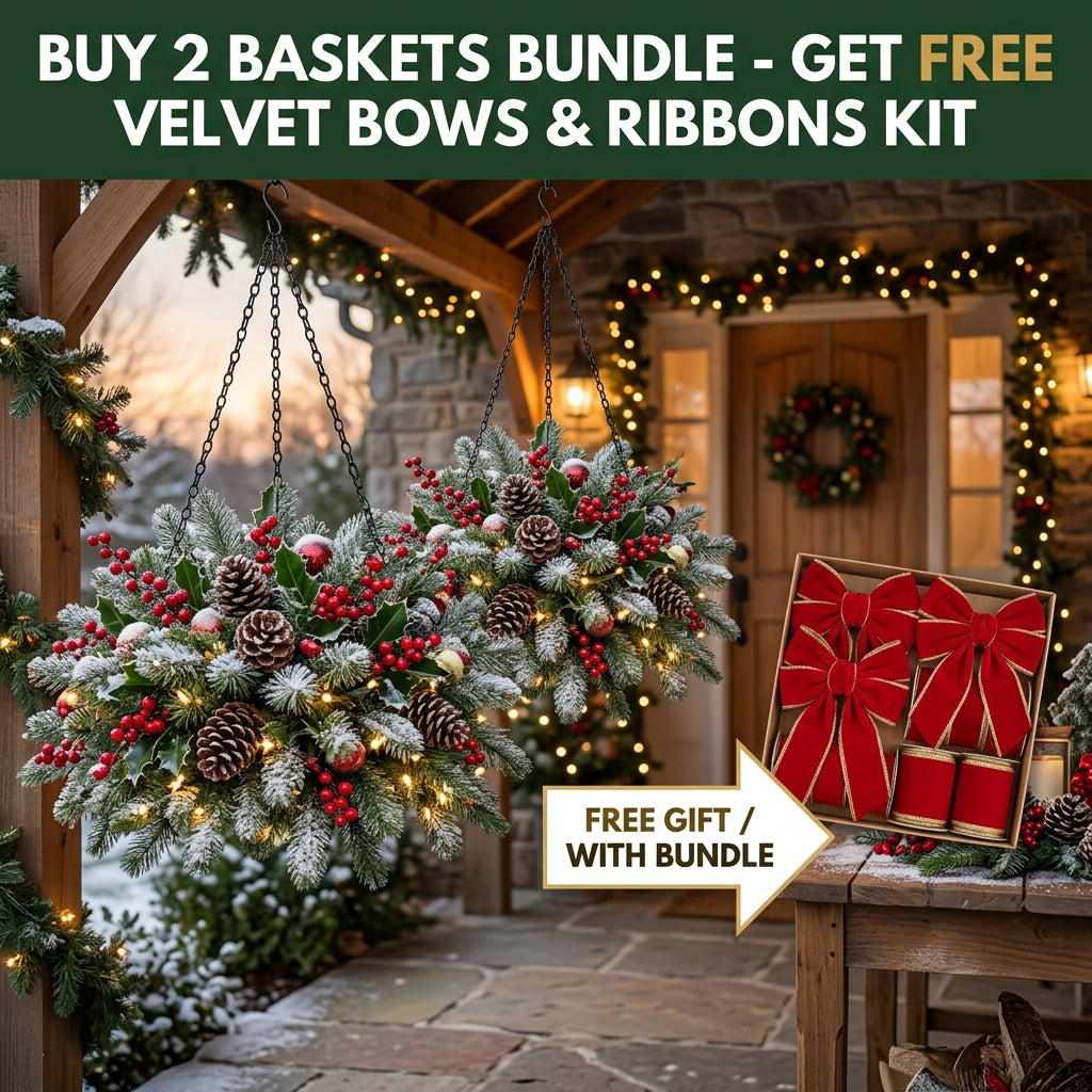 Buy 2 Festive Evergreen Hanging Christmas Baskets Bundles + Free Velvet Ribbons Kit View 13