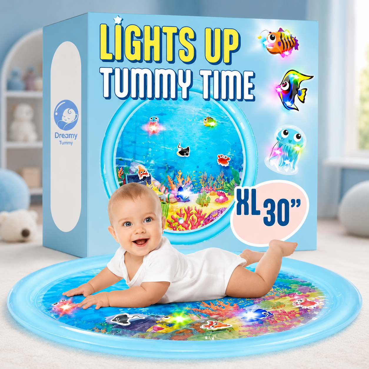 The mat as it arrives, boxed, showing the three light-up sea creatures