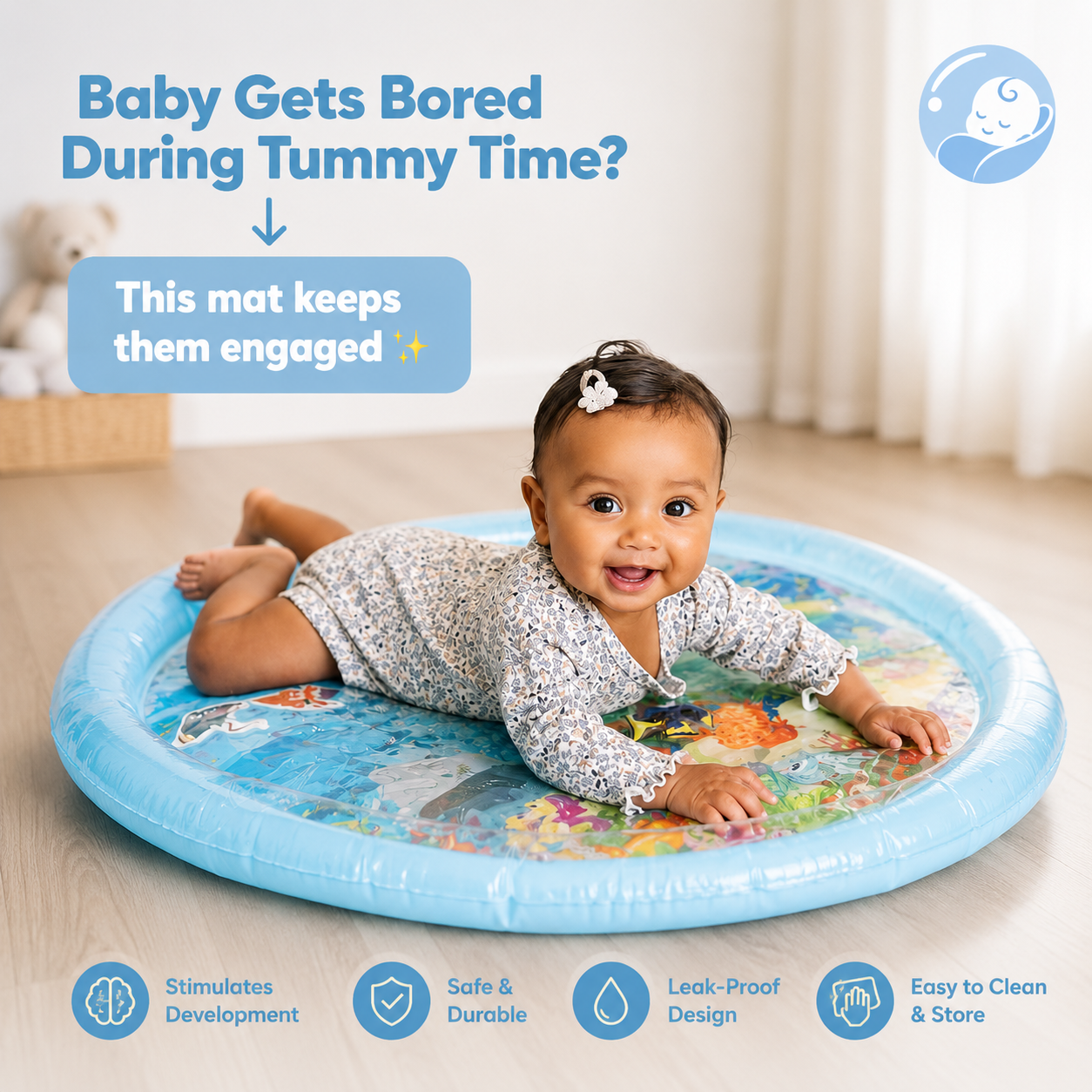 Baby staying happily on their front on the water mat