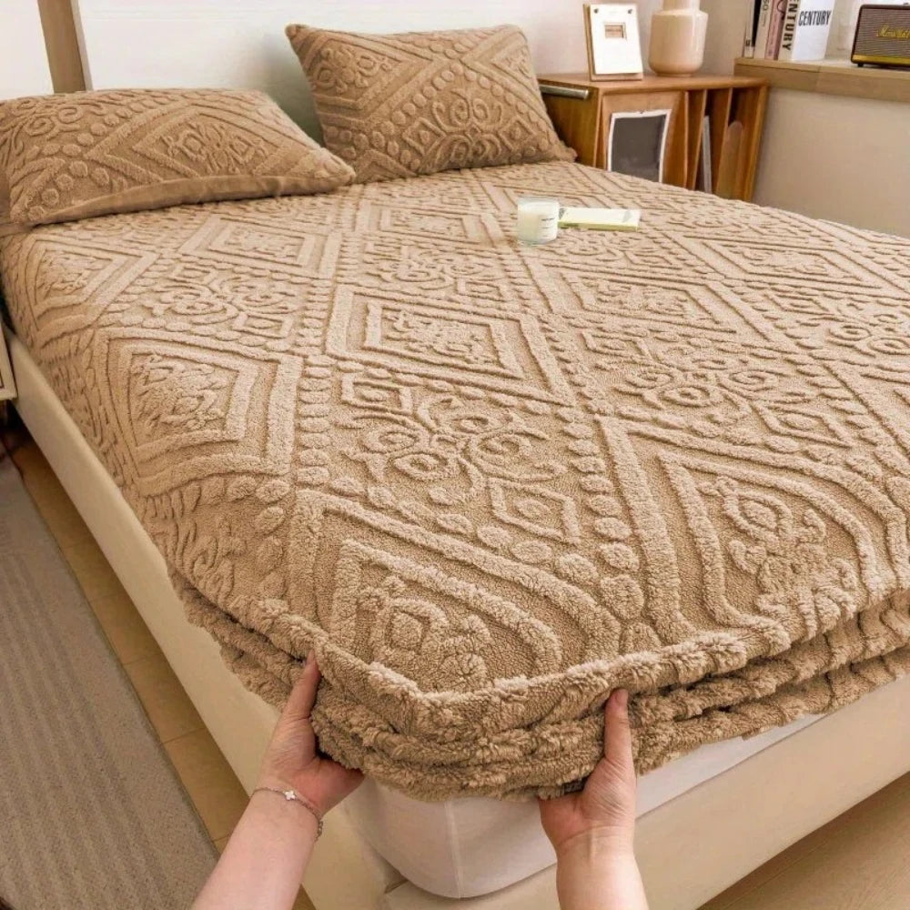 Embossed plush fitted sheet in Camel View 19
