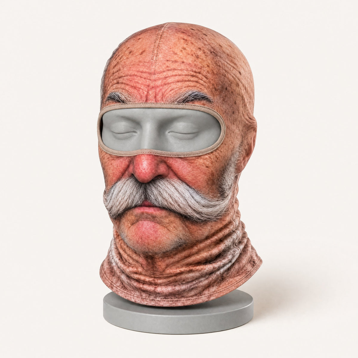 Moustache Grandpa balaclava on a mannequin head