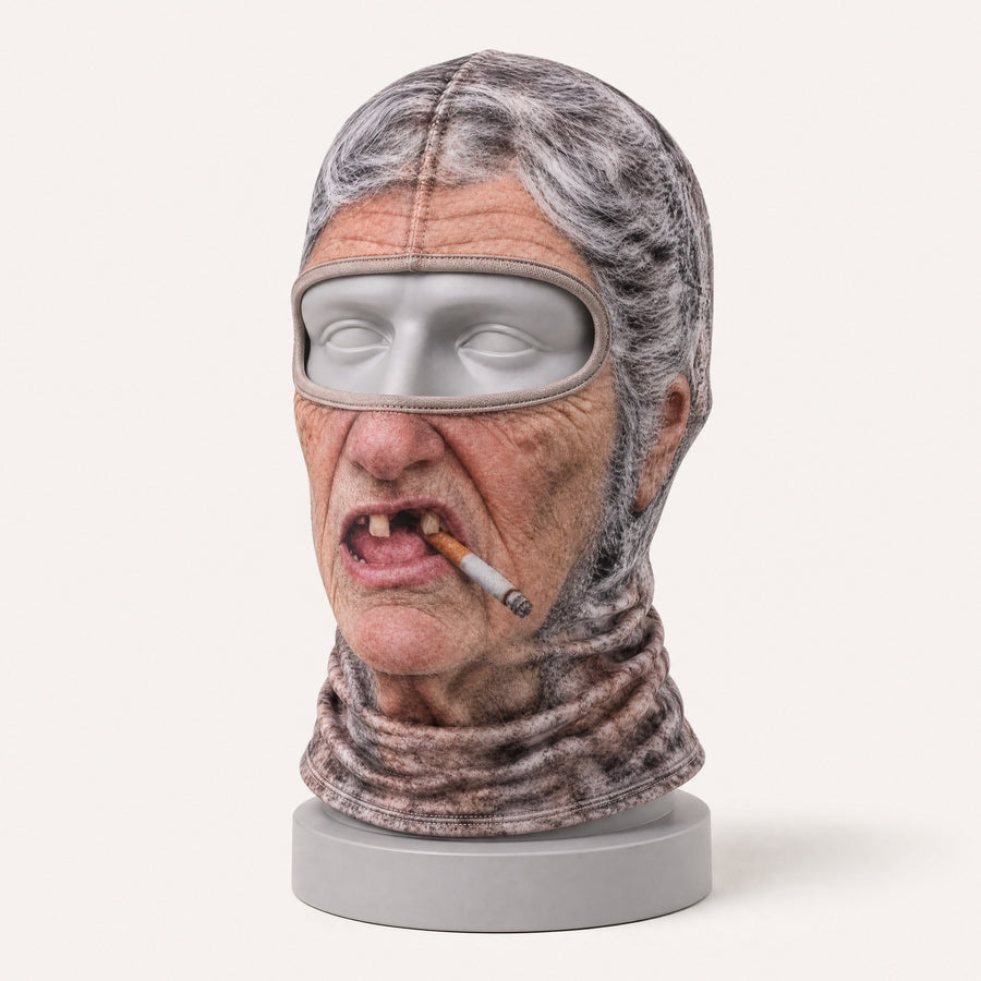 Smoking Grandpa balaclava on a mannequin head