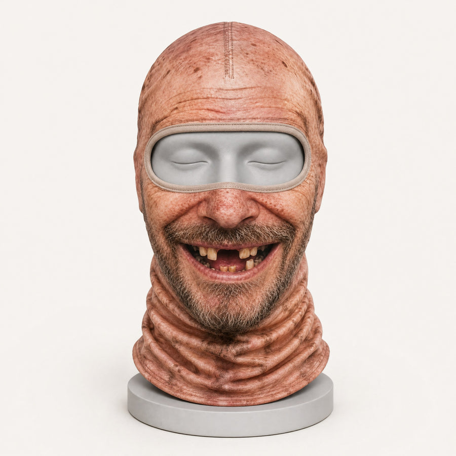 Toothless Grandpa balaclava on a mannequin head